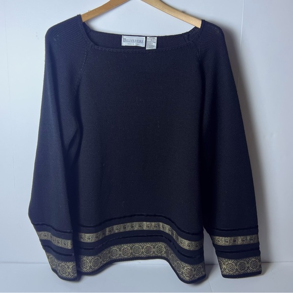 Belvedere Italian Wool Blend Black Knitted Sweater - Size Large-Gold Hem Detail - Picture 1 of 7
